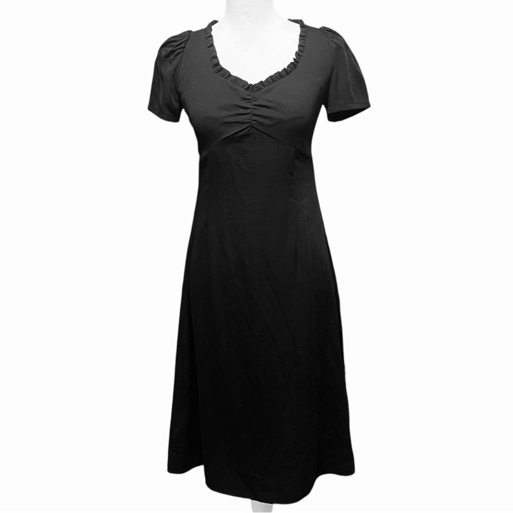 LOFT Petite Black Midi Dress | Ruffle V-Neck Ruched Bust Empire Waist | 00P